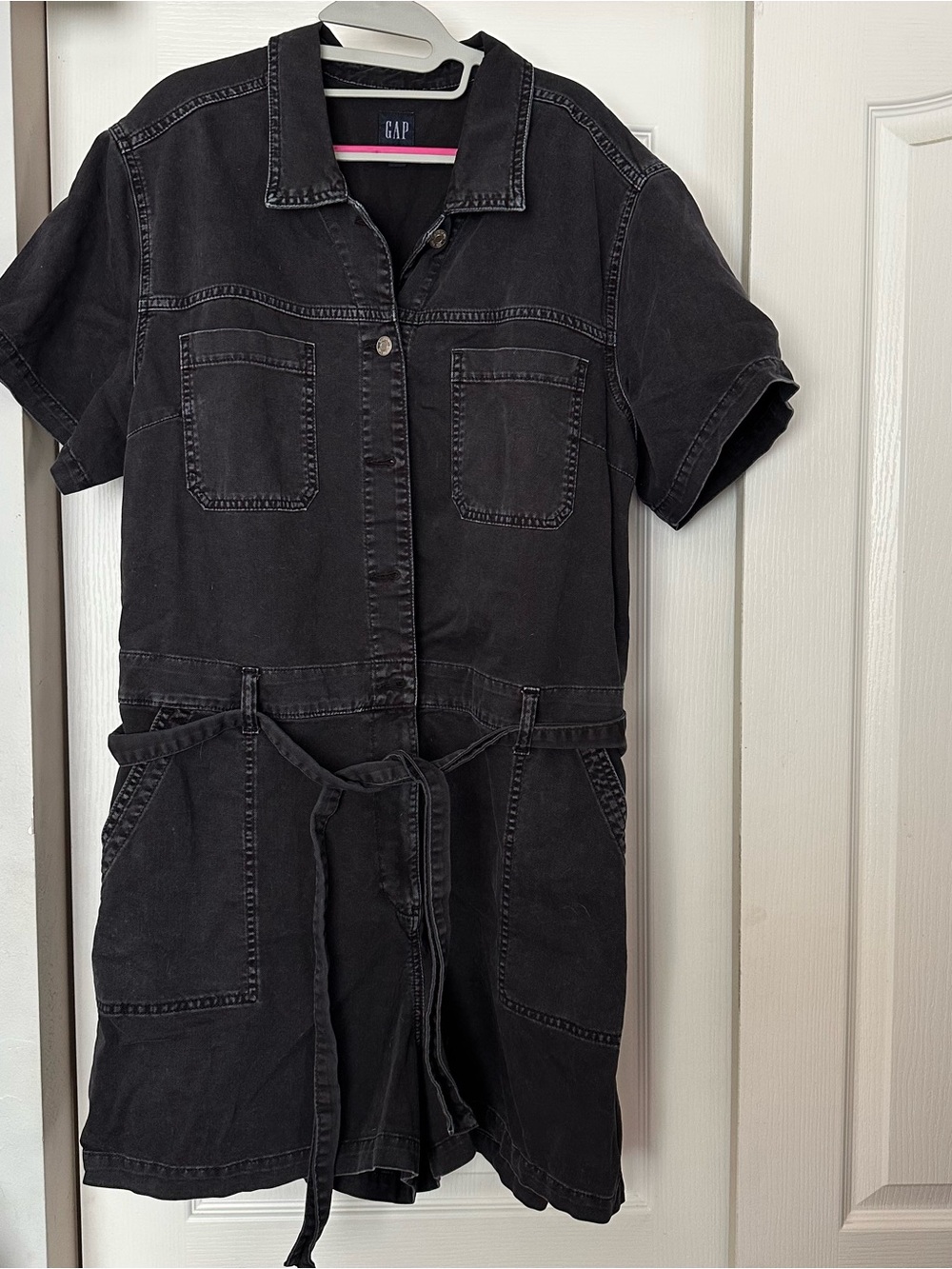 GAP Washed Black Short Sleeve Denim Romper with Waist Tie